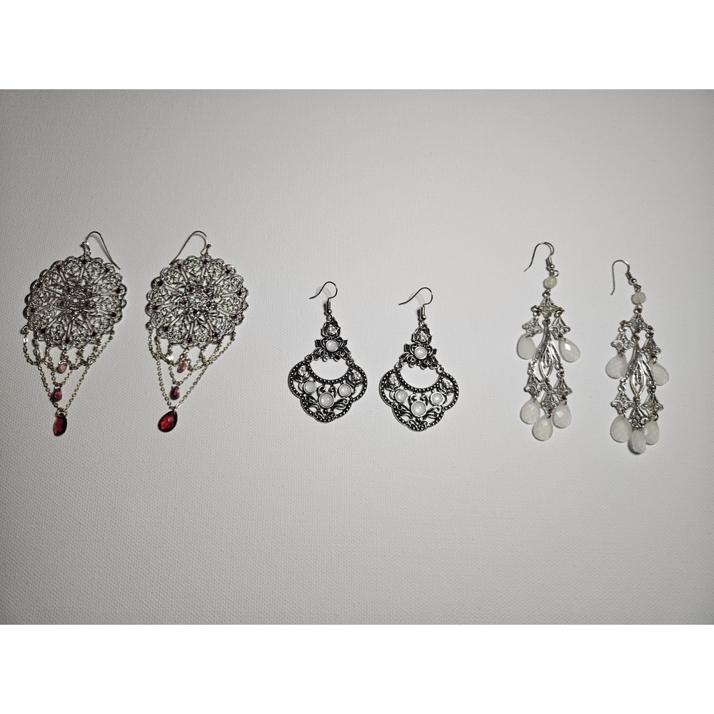Boho Chandelier Earring Lot 3 Pairs Filigree Silver Tone Dangle Drop Crystal